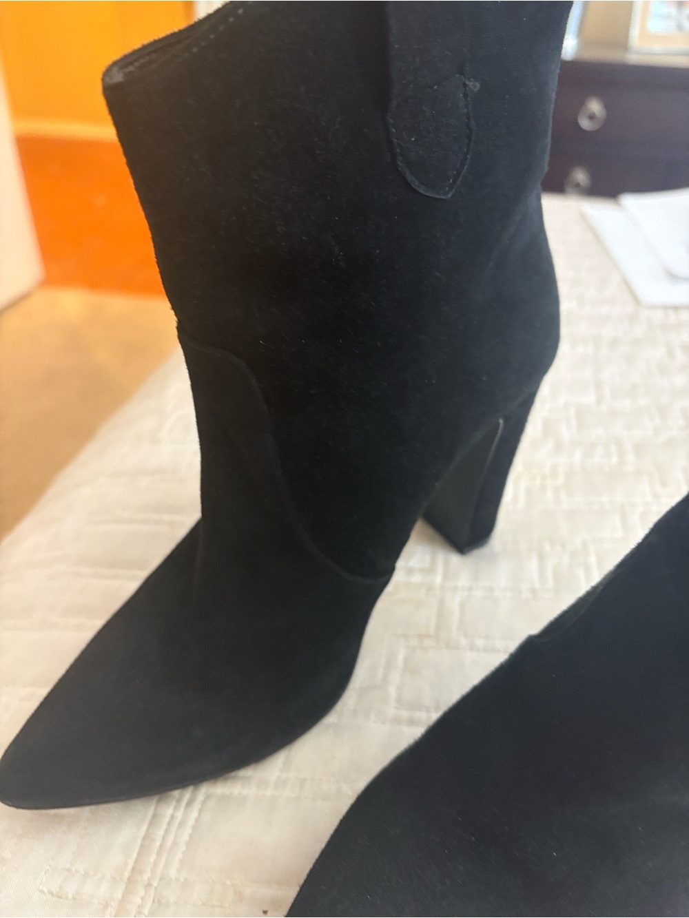 Chinese Laundry Black Suede Pointed Toe Block Heel Ankle Boots